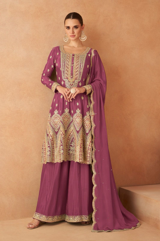 Dusty Pink Designer Salwar Kameez Palazzo Dupatta Set