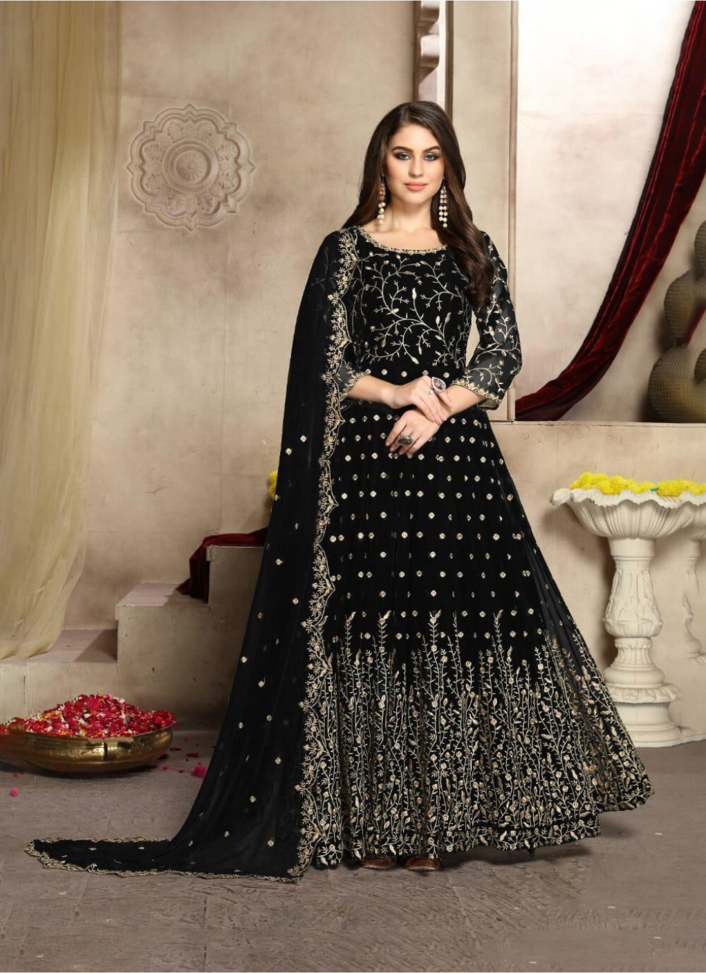 Black Long Anarkali Suit with Sequins and Embroidery Work