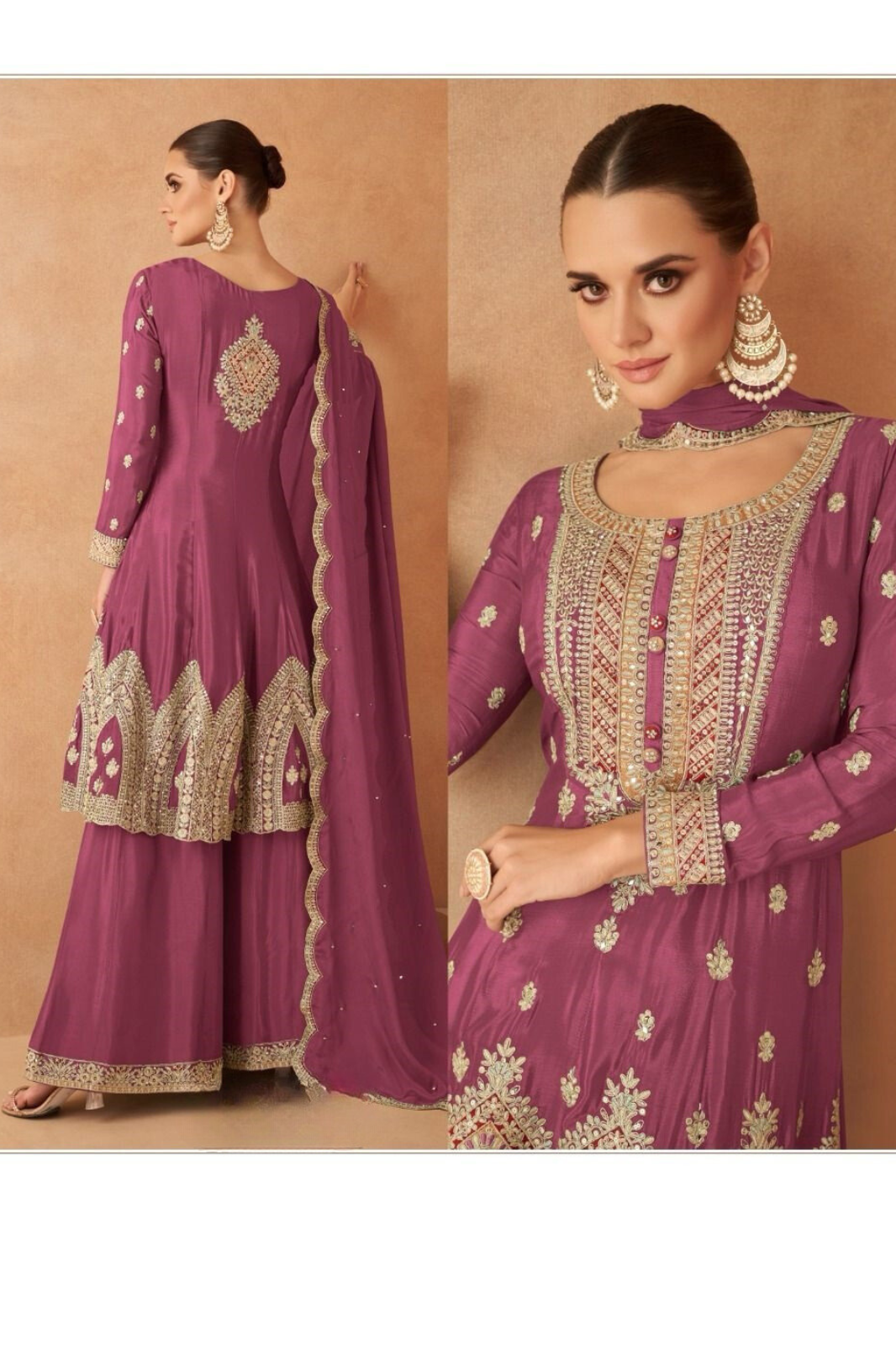 Dusty Pink Designer Salwar Kameez Palazzo Dupatta Set