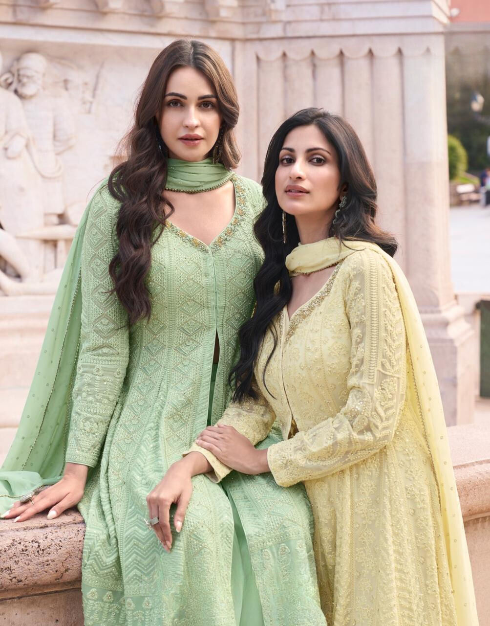 Pastel Green Elegant Front Slit Chikan Work Salwar Kameez Suit with Dupatta