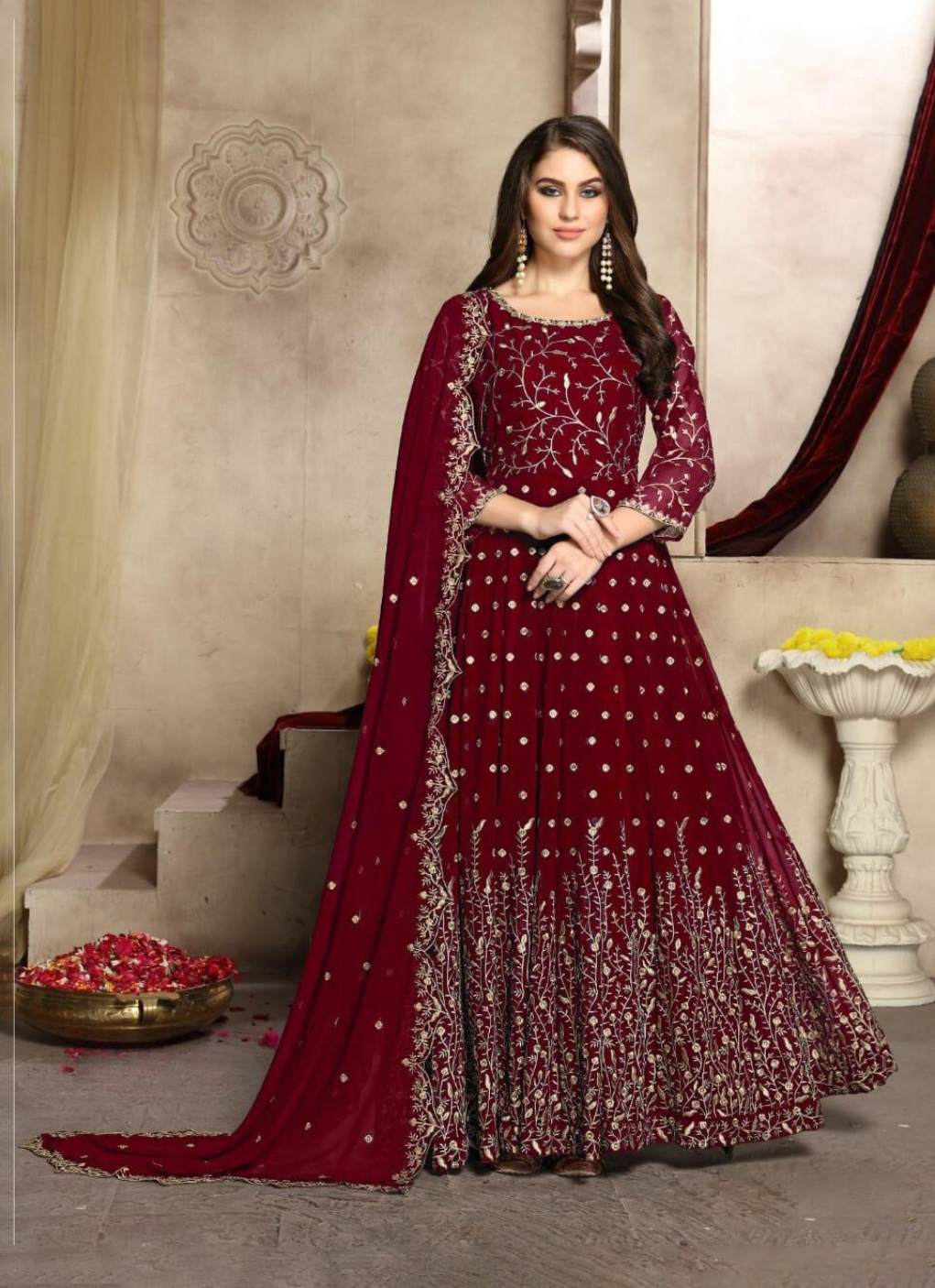 Maroon Long Anarkali Suit with Sequins and Embroidery Work