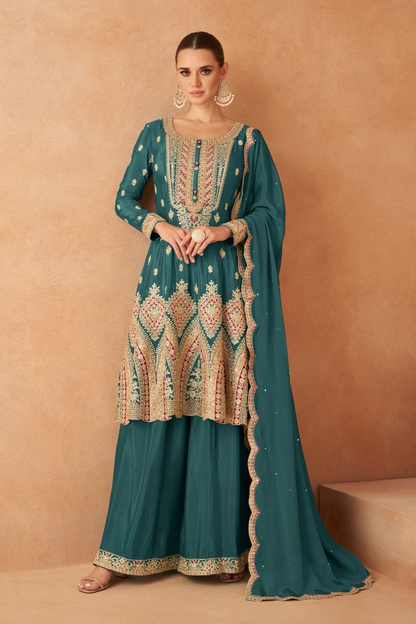 Teal Blue Designer Salwar Kameez Palazzo Dupatta Set