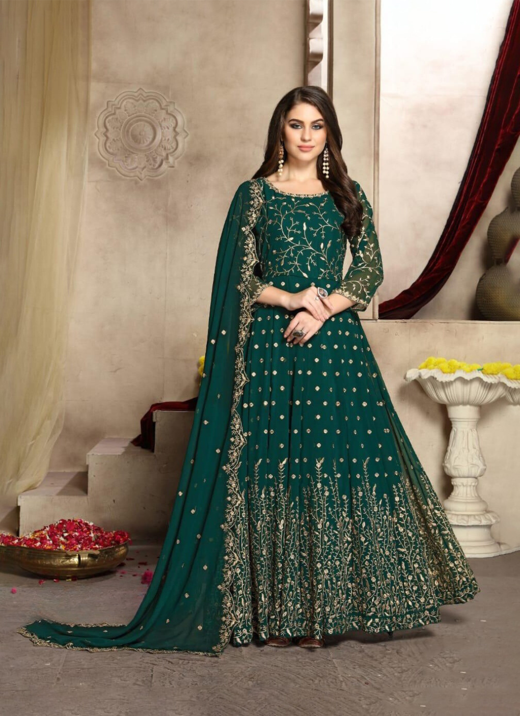 Green Long Anarkali Suit with Sequins and Embroidery Work