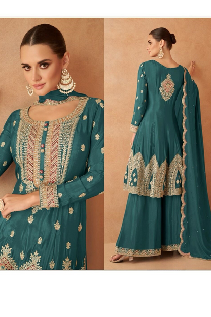 Teal Blue Designer Salwar Kameez Palazzo Dupatta Set