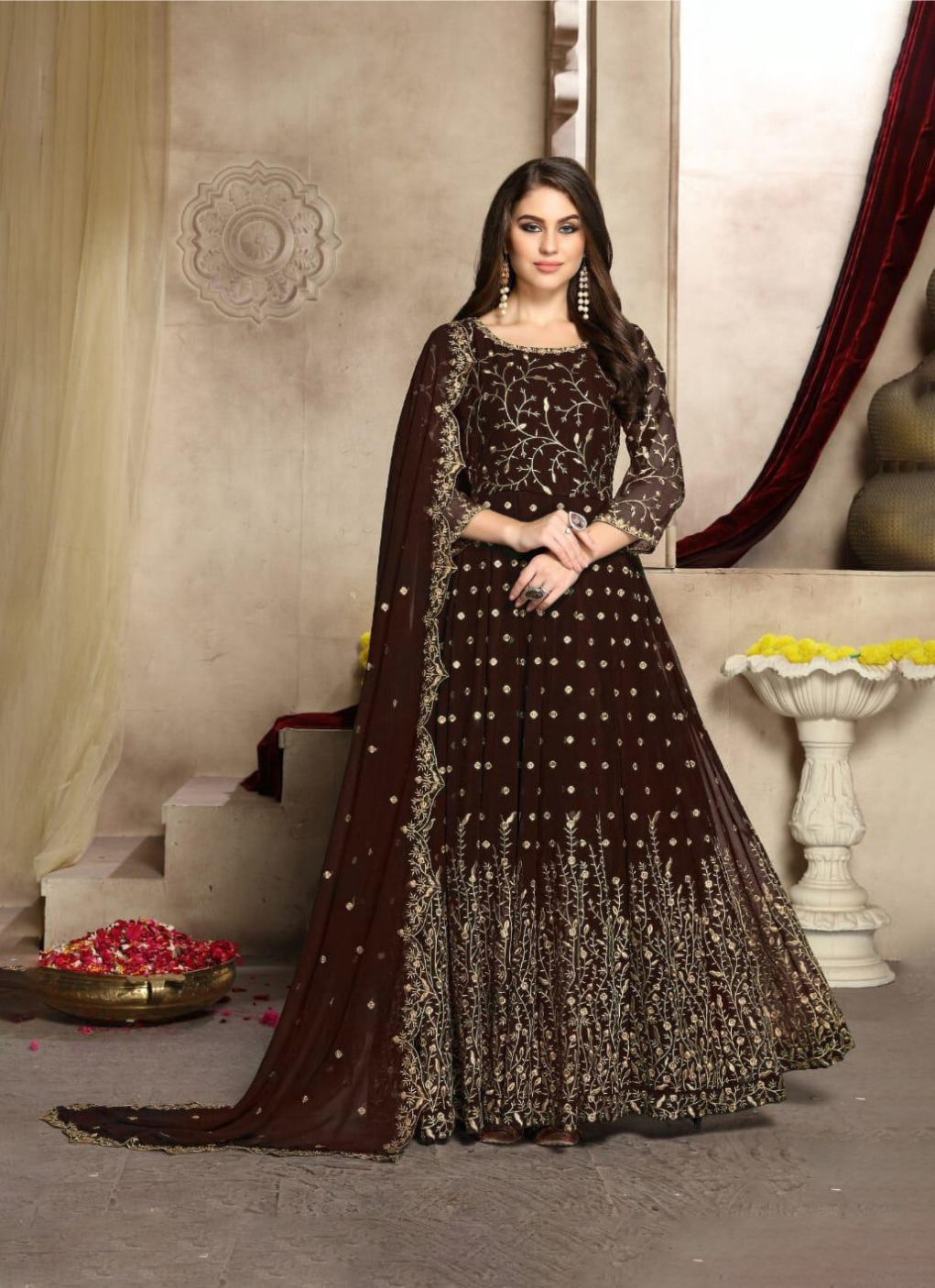 Brown Long Anarkali Suit with Sequins and Embroidery Work