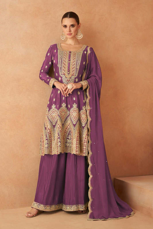 Purple Designer Salwar Kameez Palazzo Dupatta Set