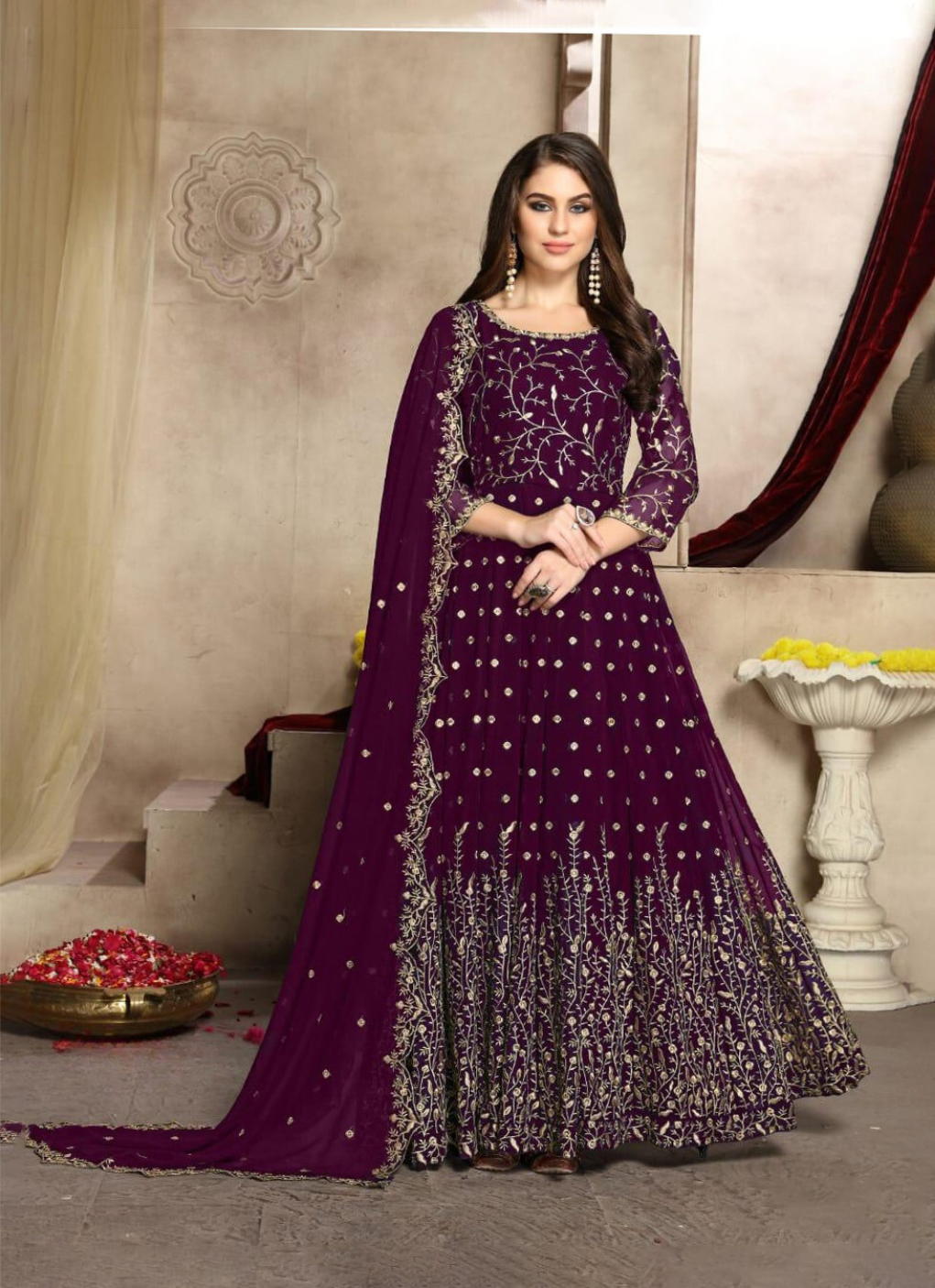 Wine Long Anarkali Suit with Sequins and Embroidery Work