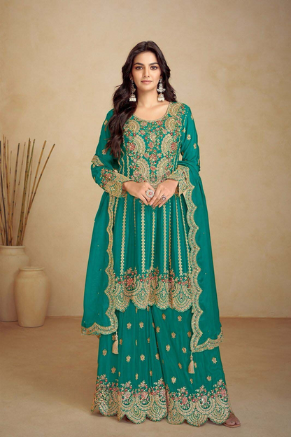 Green Premium Chinon Silk Pakistani Suit Set