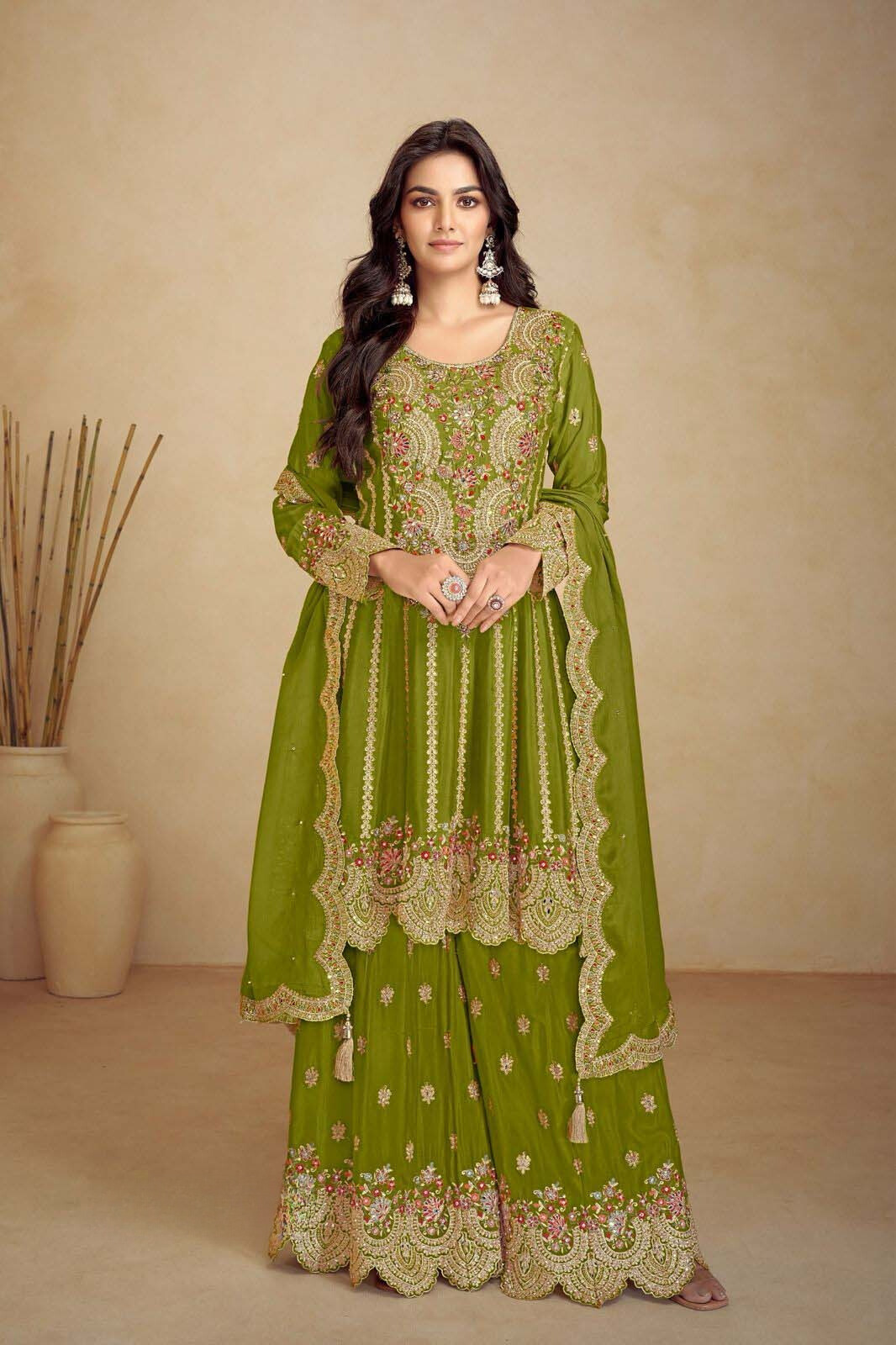 Olive Green Premium Chinon Silk Pakistani Suit Set