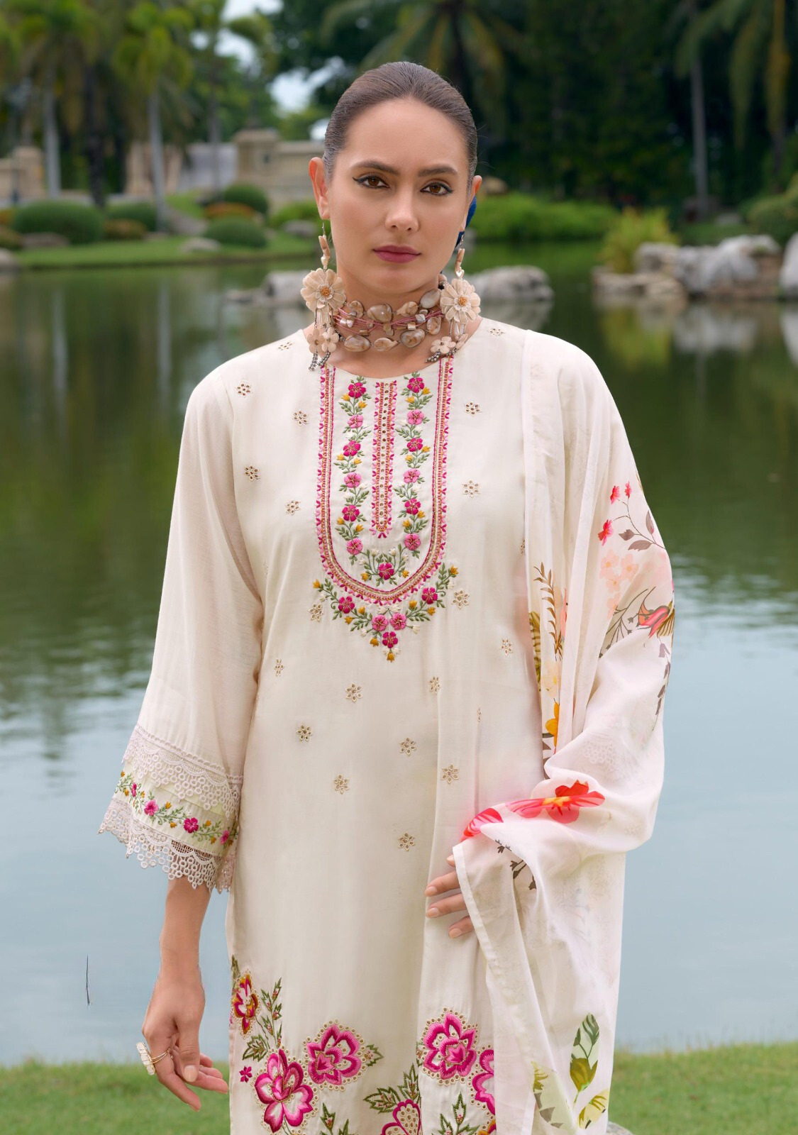 White Pakistani Style Salwar Kameez Dupatta Set with Organza Dupatta