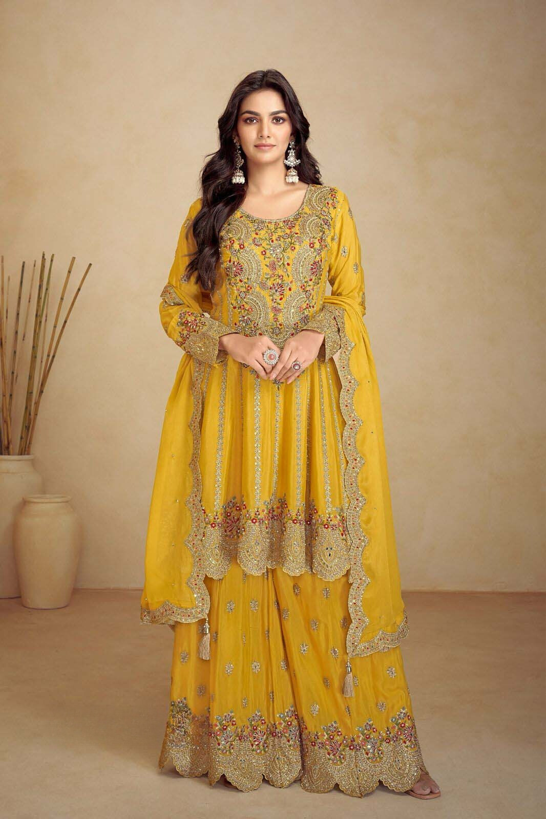 Yellow Premium Chinon Silk Pakistani Suit Set