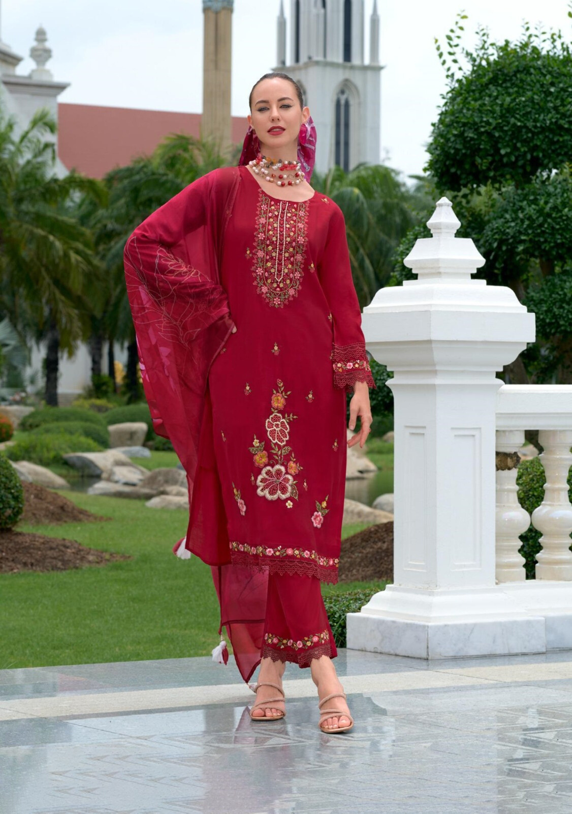 Red Pakistani Style Salwar Kameez Dupatta Set with Organza Dupatta