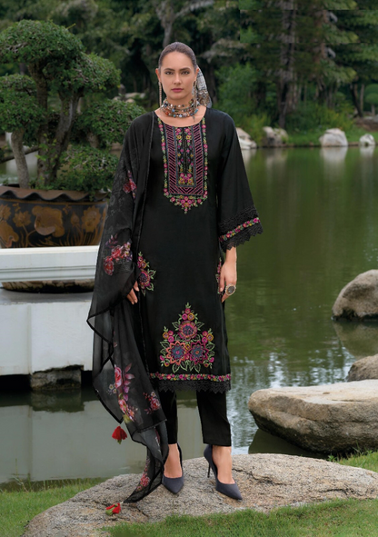 Black Pakistani Style Salwar Kameez Dupatta Set with Organza Dupatta