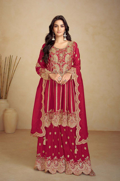 Red Premium Chinon Silk Pakistani Suit Set