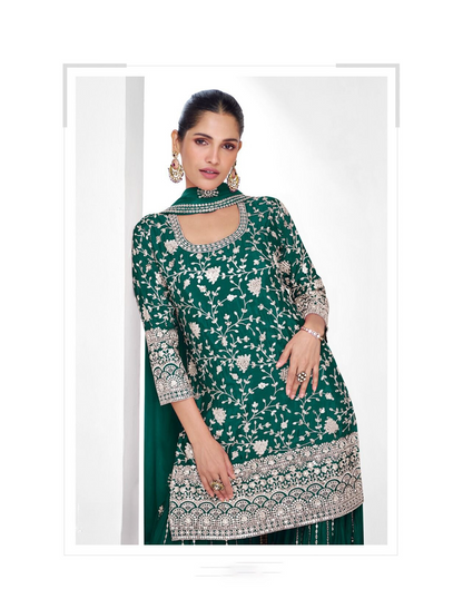 Green Premium Chinon Silk Party Wear Kurti Palazzo Dupatta Set