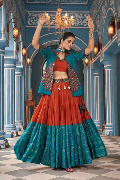 Teal Multicolor Navratri Garba Chaniya Choli with Jacket