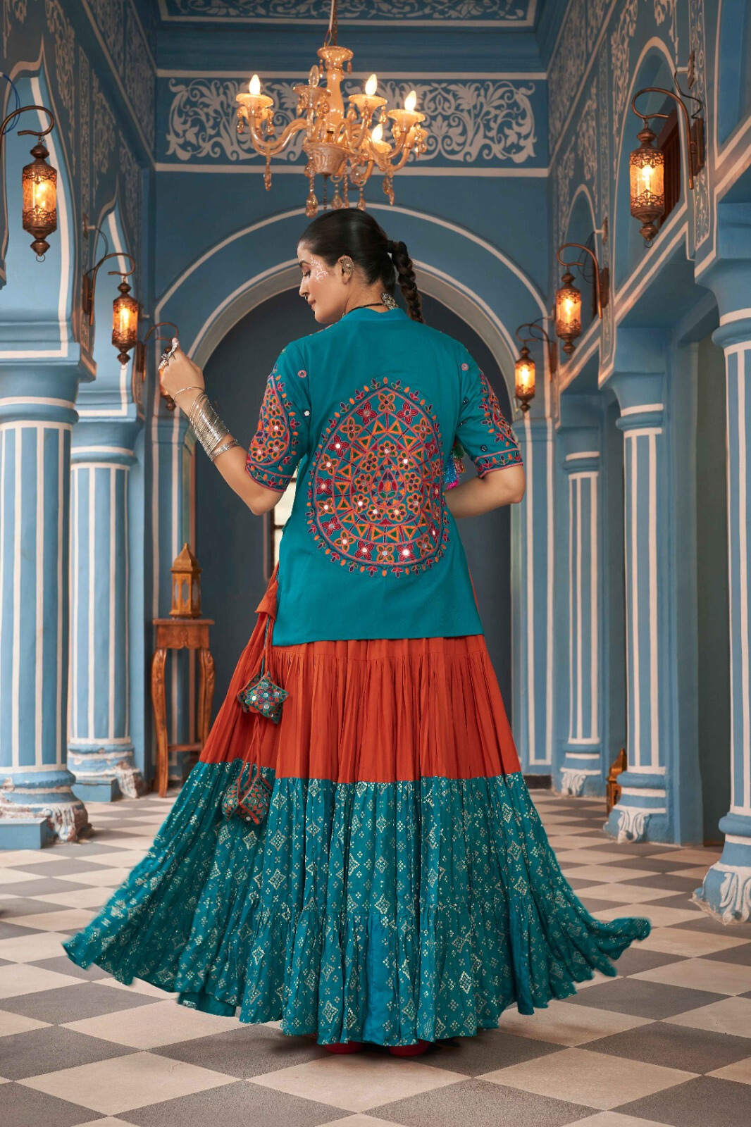 Teal Multicolor Navratri Garba Chaniya Choli with Jacket