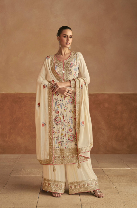 Beige Heavy Embroidered Mirror Work Salwar Kameez Palazzo with Dupatta (Limited Stock)