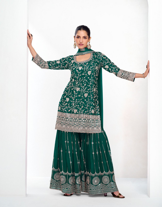 Green Premium Chinon Silk Party Wear Kurti Palazzo Dupatta Set