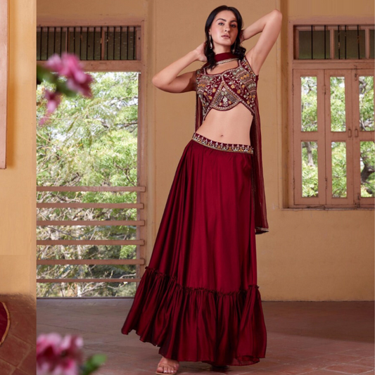 Maroon Designer Georgette Lehenga Choli with Embroidered Blouse