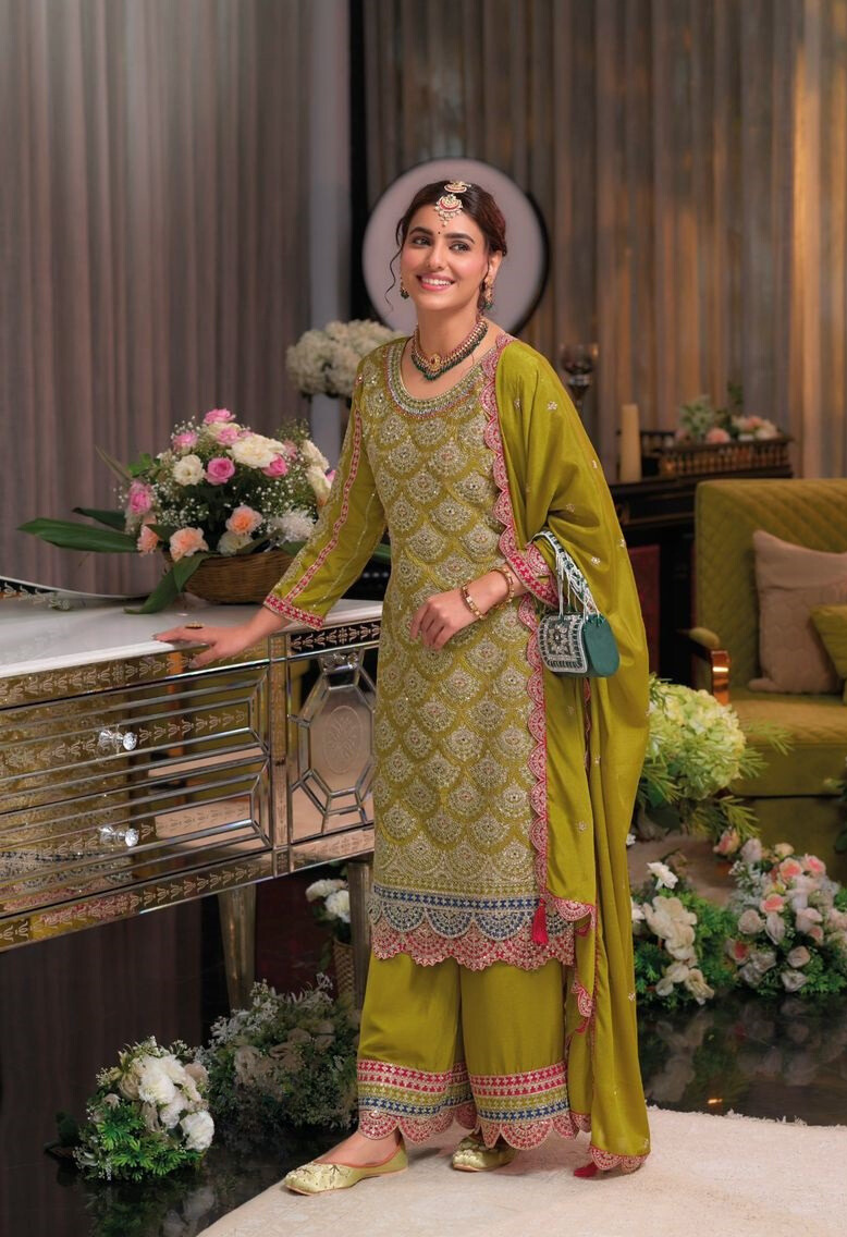 Olive Green Premium Pakistani Style Embroidered Salwar Suit Set