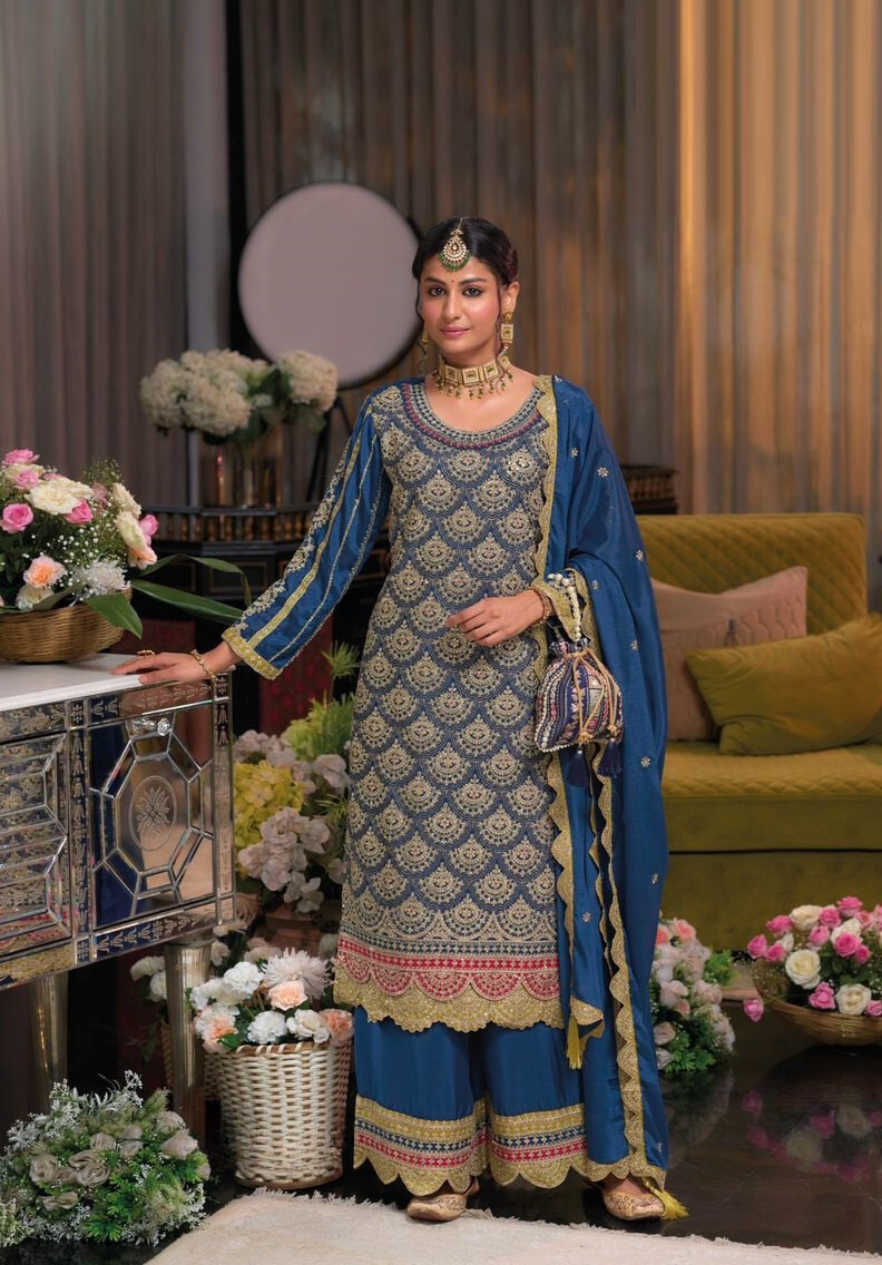 Blue Premium Pakistani Style Embroidered Salwar Suit Set