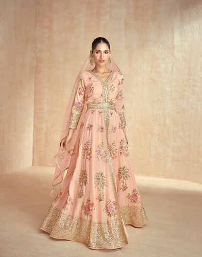 Peach Anarkali Front Slit Salwar Suit Set with Dupatta