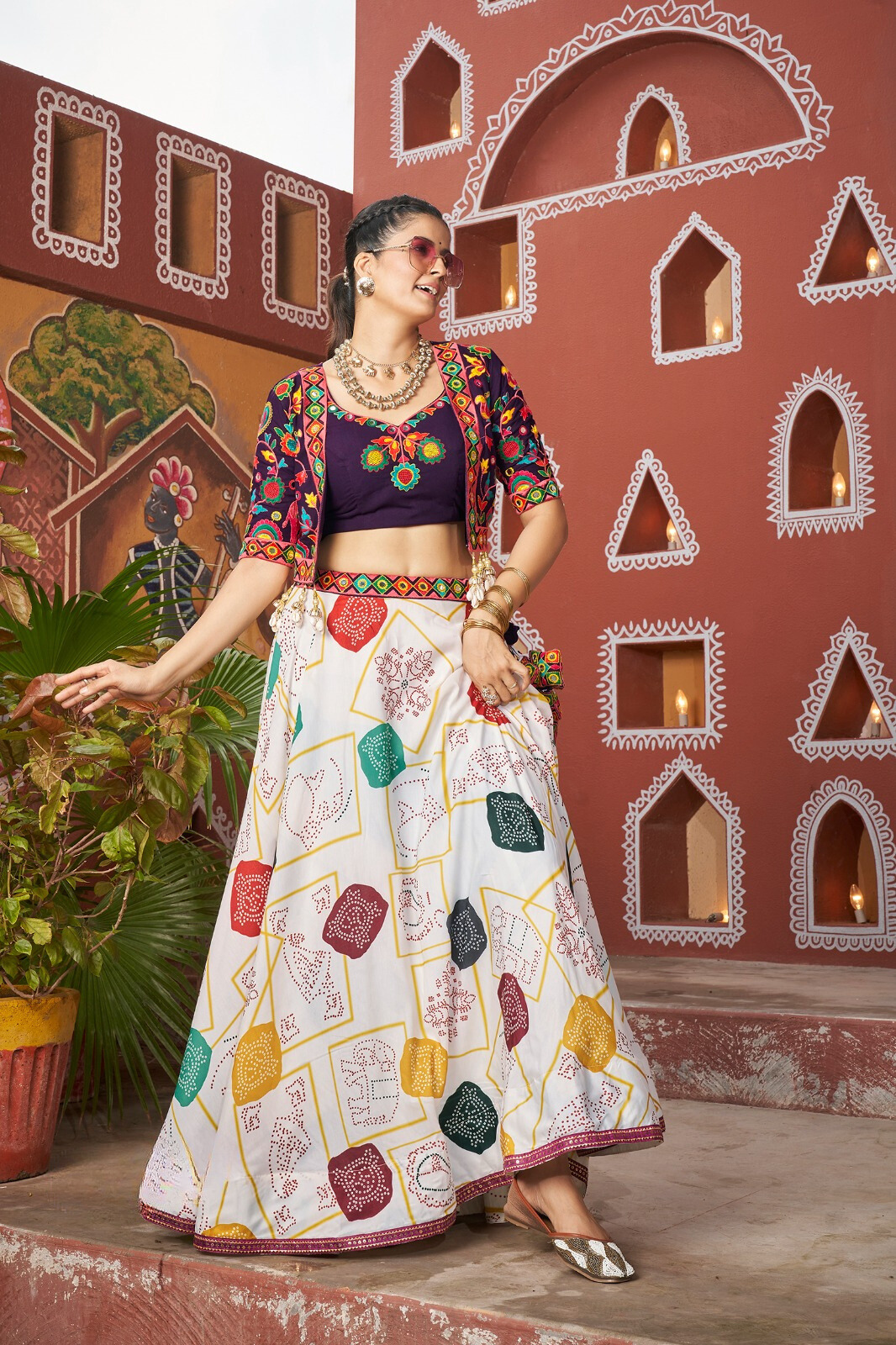 Black and MultiColor Garba Chaniya Choli with Gamthi Work Shrug and Wide Flair for Dandiya