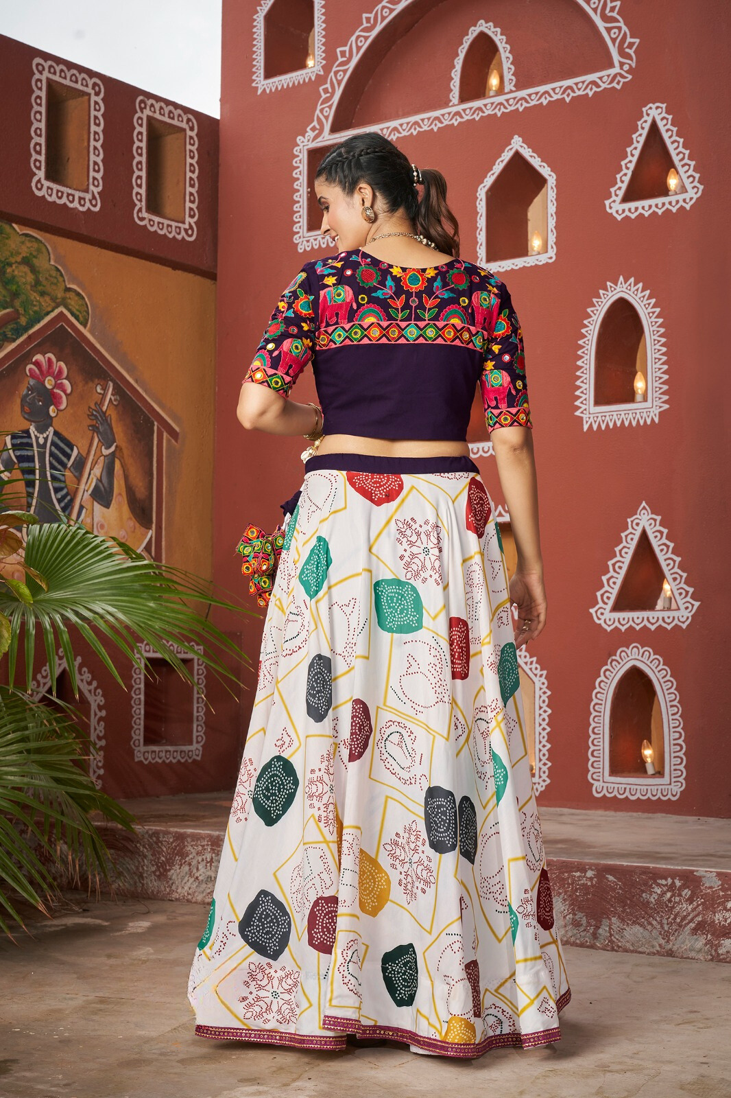 Black and MultiColor Garba Chaniya Choli with Gamthi Work Shrug and Wide Flair for Dandiya