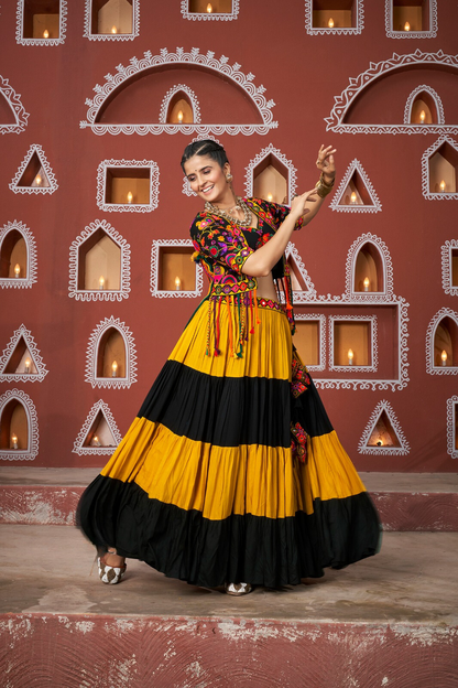 Black and Yellow Garba Chaniya Choli with Gamthi Work Shrug and Wide Flair for Dandiya