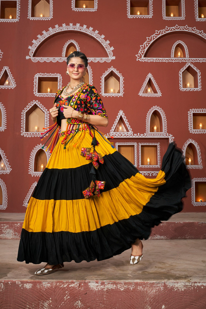 Black and Yellow Garba Chaniya Choli with Gamthi Work Shrug and Wide Flair for Dandiya