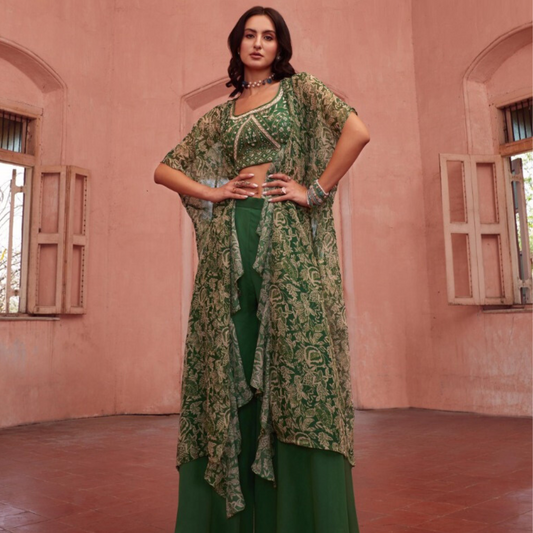 Green Designer Indo-Western Lehenga Choli with Embroidered Jacket