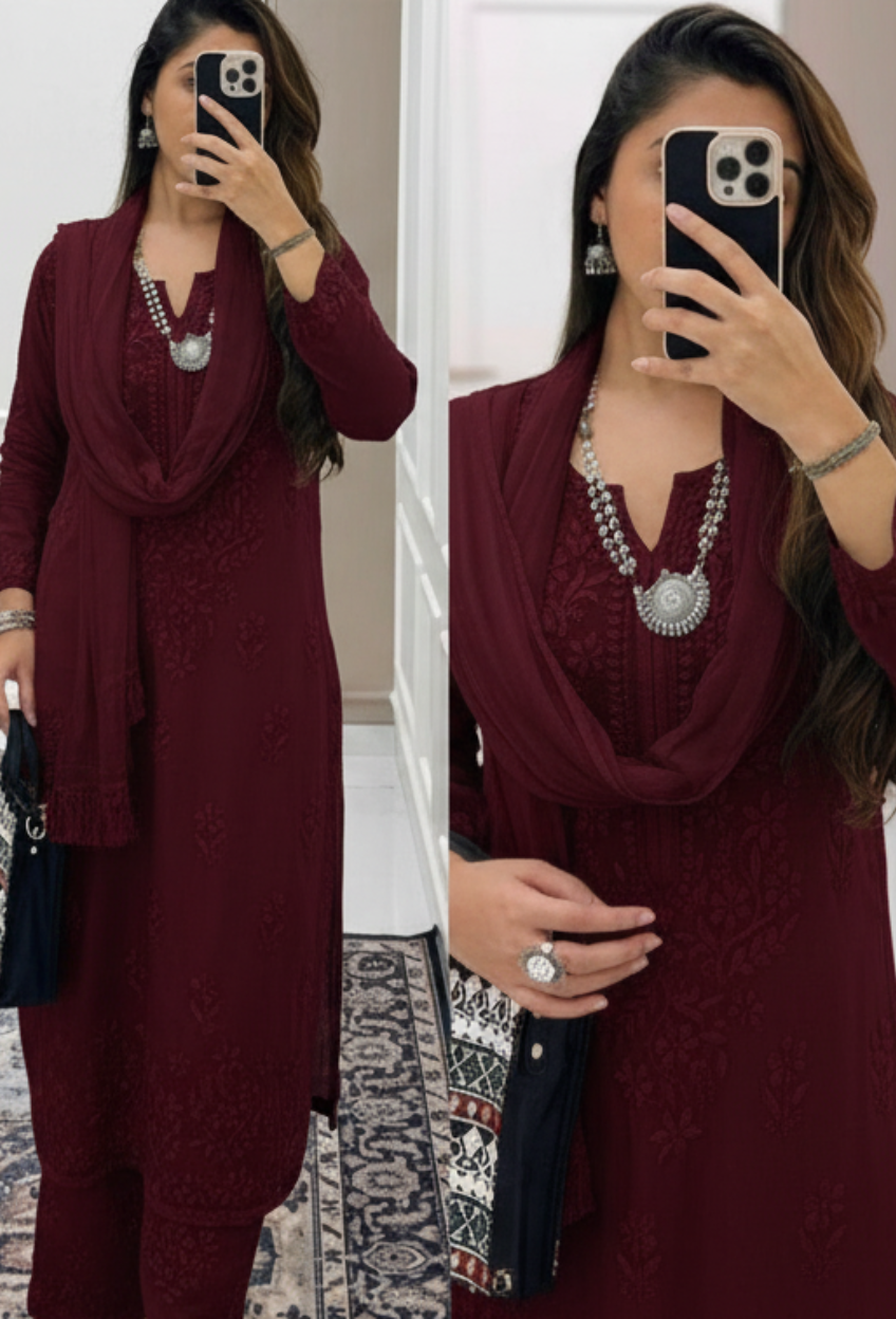 Maroon Ethereal Dyeable Modal Chikankari Kurta Set (New)