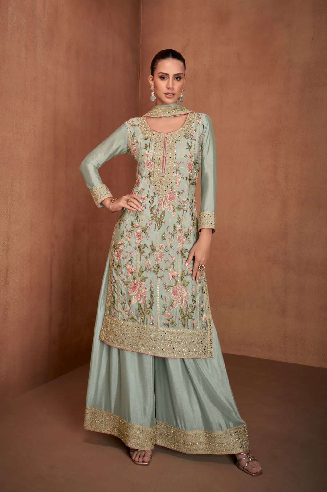 Green Elegant Chinon Party Wear Long Kurti Palazzo Suit with Dupatta