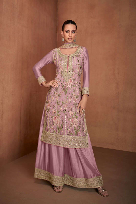 Pink Elegant Chinon Party Wear Long Kurti Palazzo Suit with Dupatta