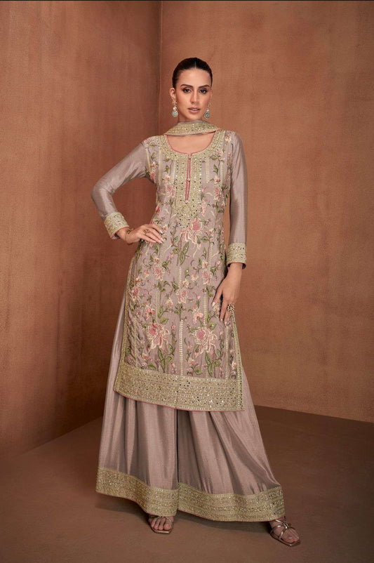 Mauve Elegant Chinon Party Wear Long Kurti Palazzo Suit with Dupatta