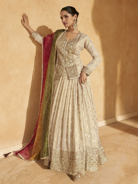 Elegant Cream Sequins Silk Lehenga with Long Blouse for Wedding Wear