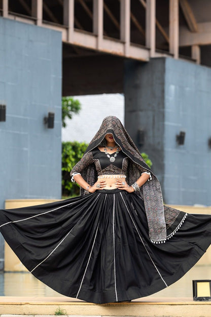 Festive Black Cotton Navratri Garba Chaniya Choli Set with Cowrie Work