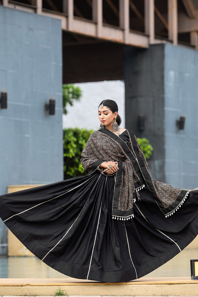 Festive Black Cotton Navratri Garba Chaniya Choli Set with Cowrie Work