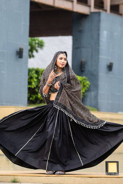 Festive Black Cotton Navratri Garba Chaniya Choli Set with Cowrie Work