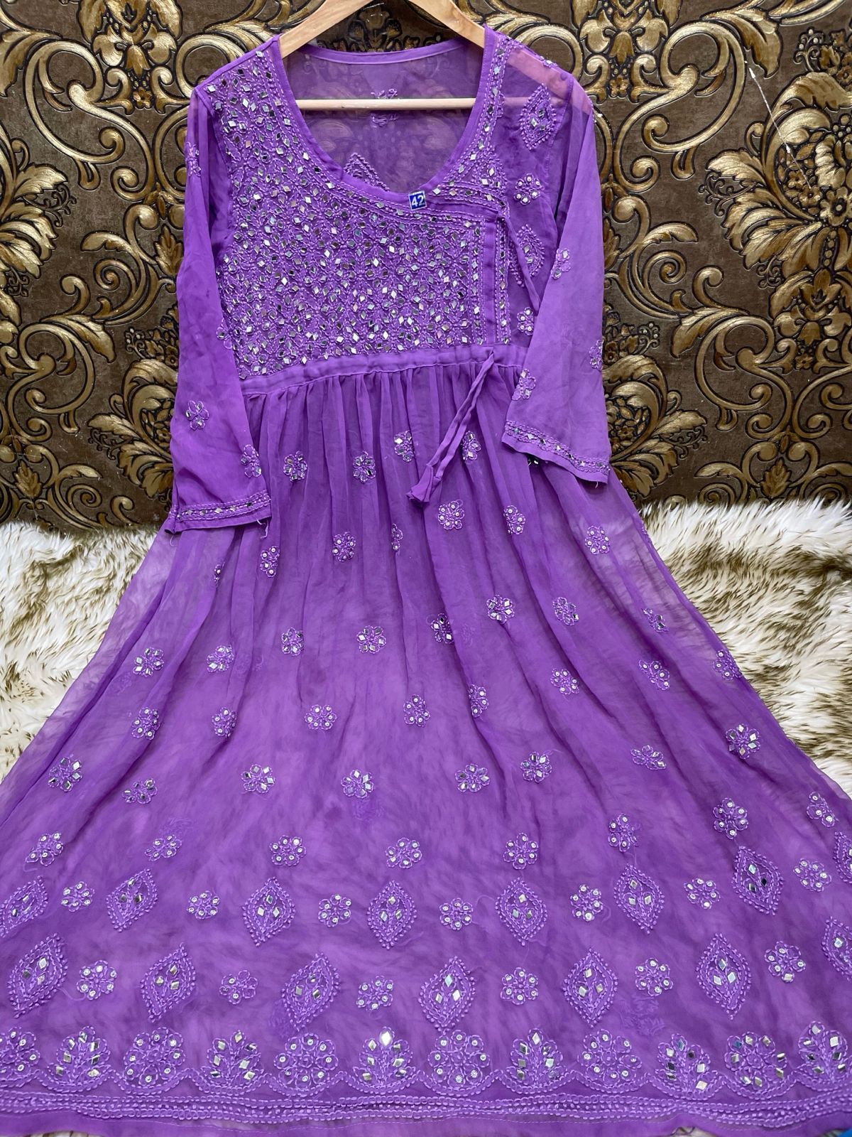 Purple Lucknowi Chikankari Georgette Shaded Mirror Gown with Inner