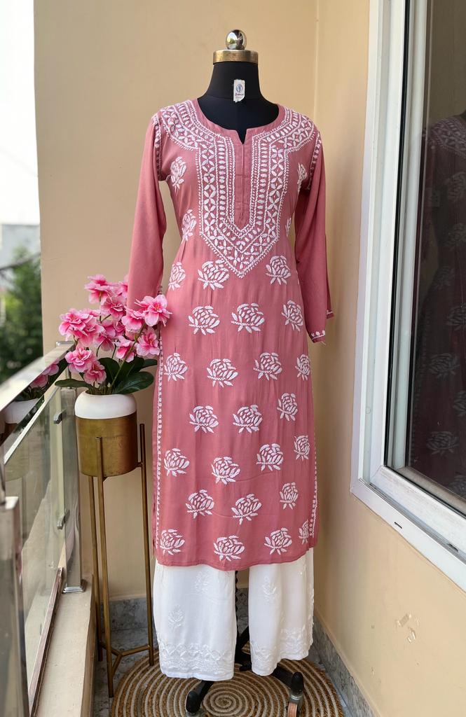 Shrishti in Hand Embroidery Chikankari Long Kurti for Women - PINK & W -  House Of Kari (Chikankari Clothing)