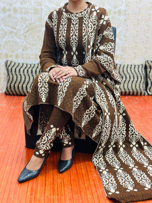 Brown Winter Wear Knitted Gown, Leggings, and Dupatta Set
