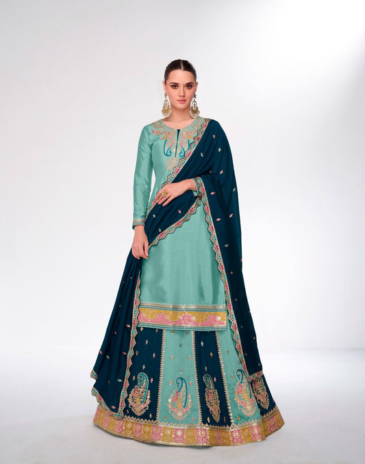 Green Premium Silk Lehenga & Long Choli Dupatta Set