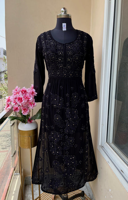 Black Nyra Cut Premium Viscose Chikankari & Mukesh Work Kurti