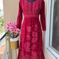 Red Nyra Cut Premium Viscose Chikankari & Mukesh Work Kurti