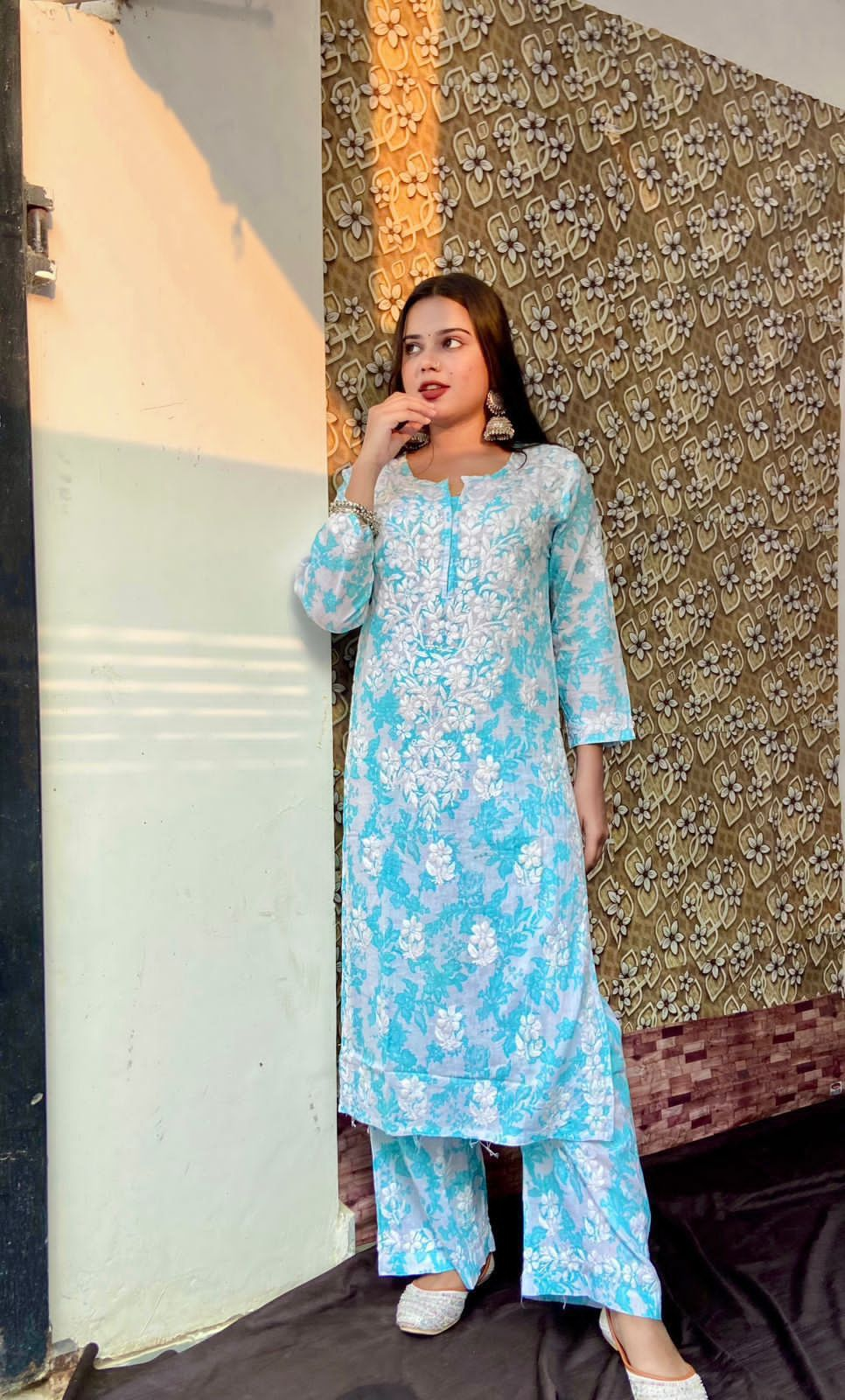 Blue Floral Lucknow Chikankari Cotton Kurta Palazzo Set