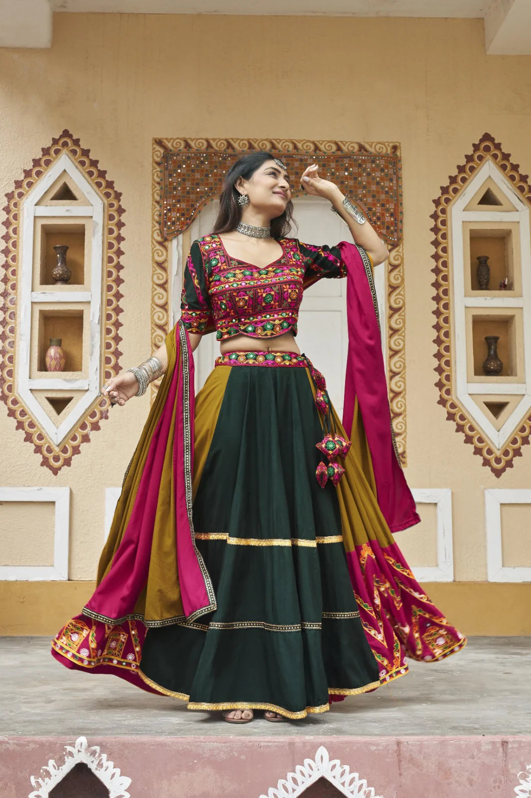 Elegant Green Multicolor Embroidered Rayon Navratri Lehenga Choli