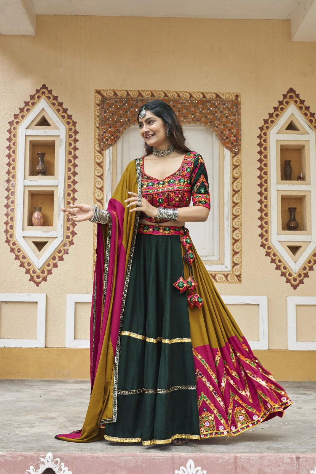 Elegant Green Multicolor Embroidered Rayon Navratri Lehenga Choli