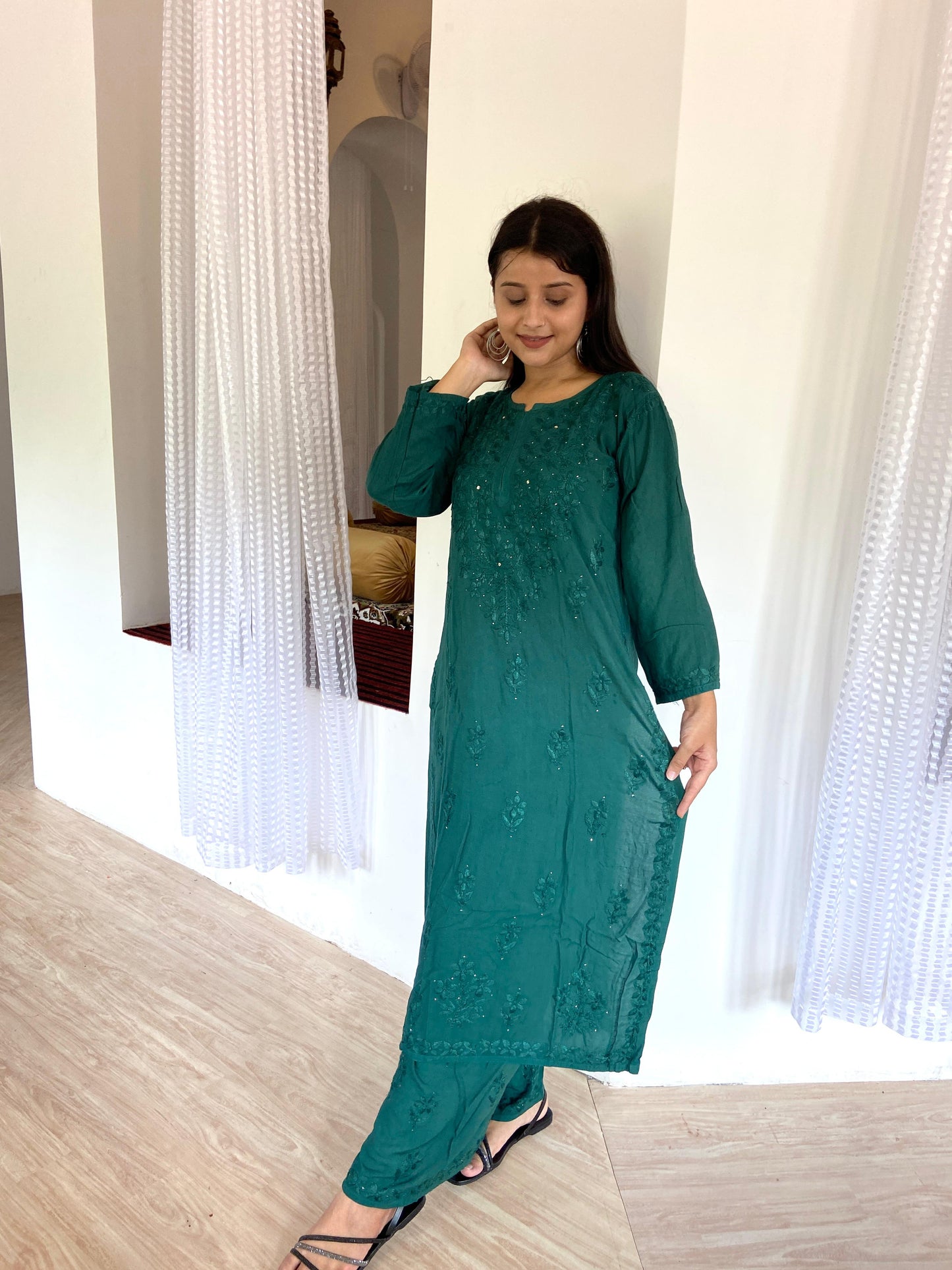 Green Rayon Cotton Lucknow Chikankari Kurti Palazzo Set with Mukaish Work